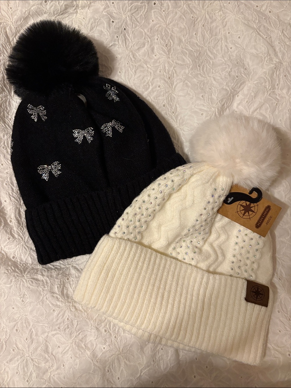 Cozy knit Pom Pom Beanie Hat - Black and Cream with Rhinestone Accents